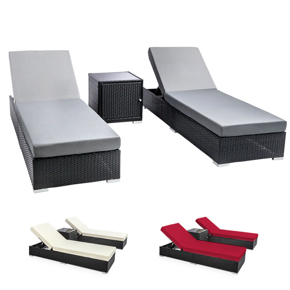 3PC Wicker Sun Lounge Set - Black & Grey/Beige/Red