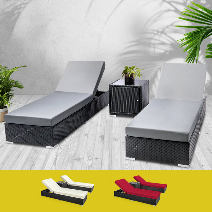 3PC Wicker Sun Lounge Set - Black & Grey/Beige/Red