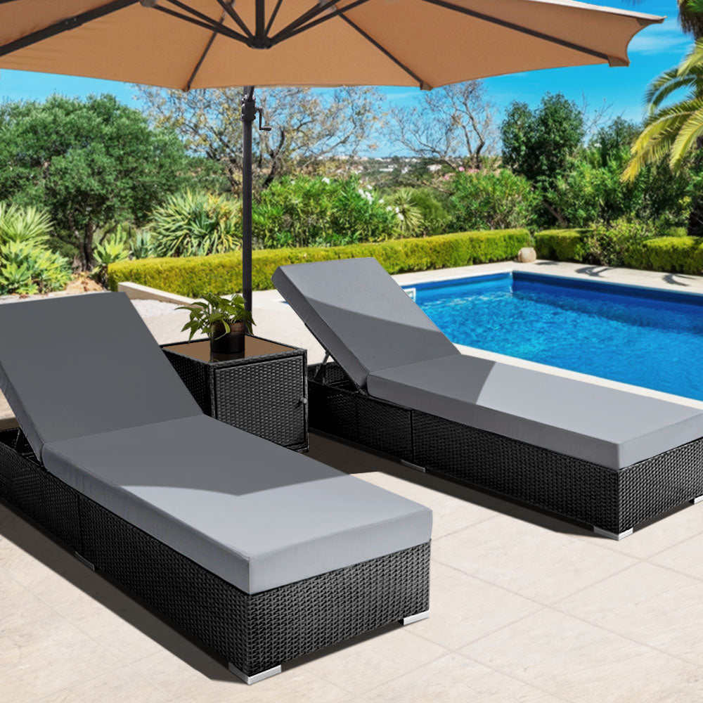 3PC Wicker Sun Lounge Set - Black & Grey/Beige/Red