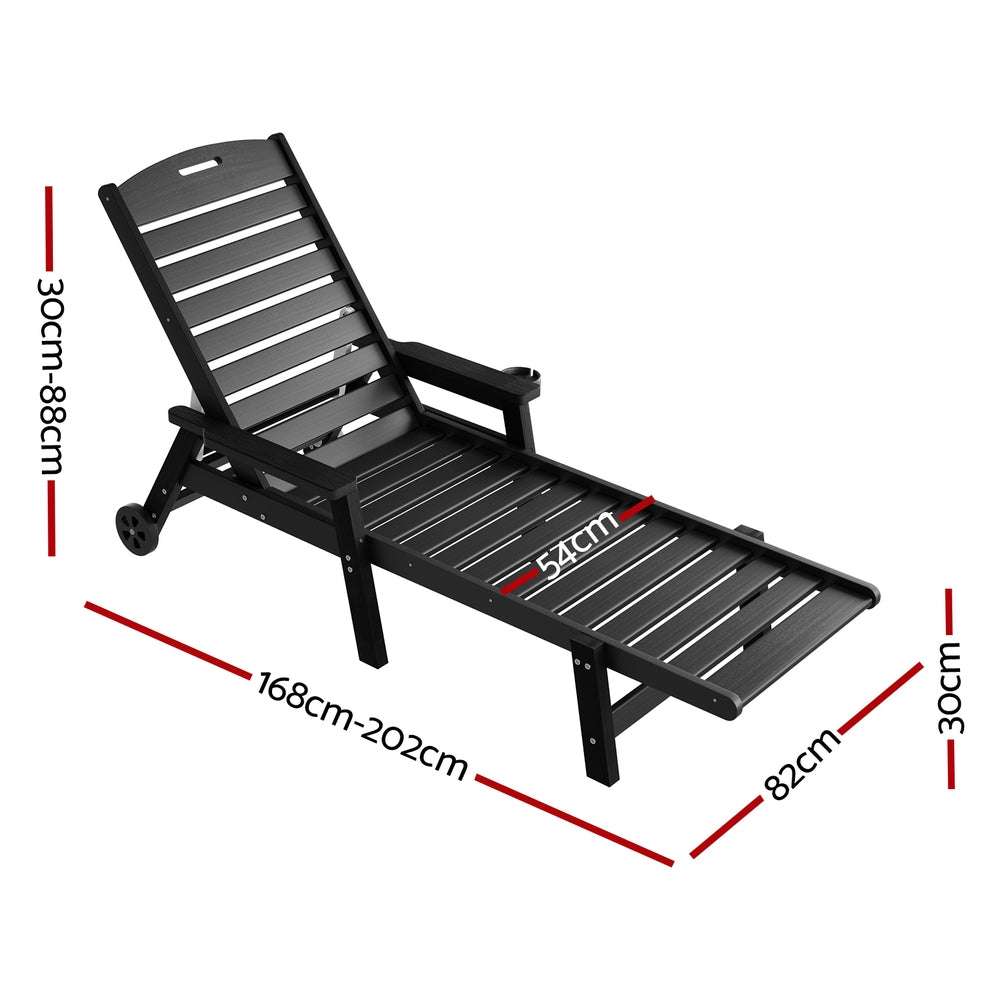 Gardeon Sun Lounge Lounger Beach Chair HDPE Patio Outdoor Furniture with Wheels Black - Homecoze
