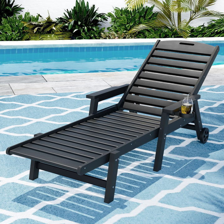 Gardeon Sun Lounge Lounger Beach Chair HDPE Patio Outdoor Furniture with Wheels Black - Homecoze