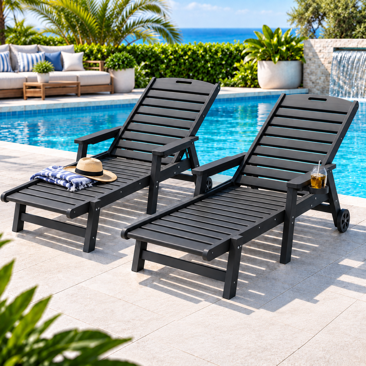 Set of 2 Outdoor HDPE Sun Lounges with Wheels – Black