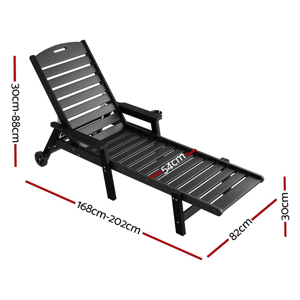 Set of 2 Outdoor HDPE Sun Lounges with Wheels – Black