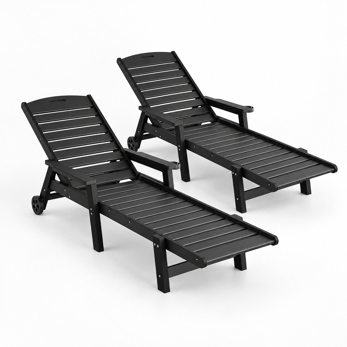 Set of 2 Outdoor HDPE Sun Lounges with Wheels – Black