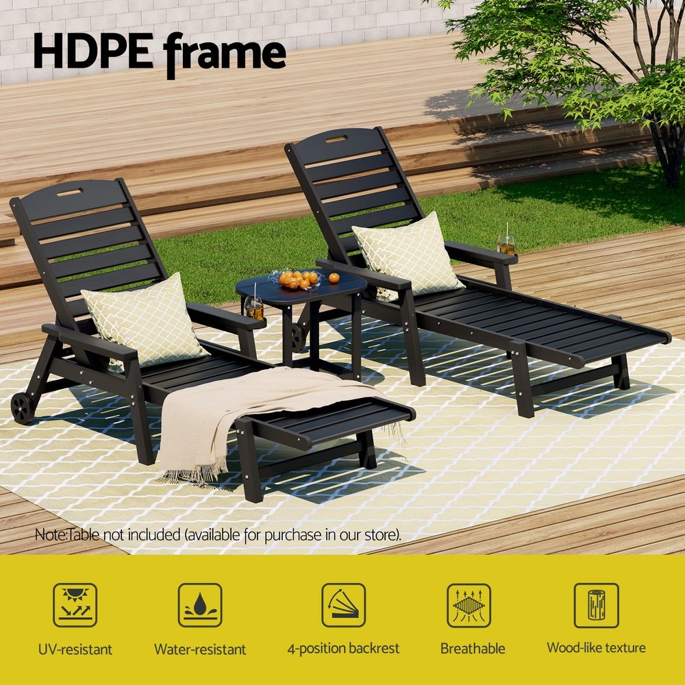 Set of 2 Outdoor HDPE Sun Lounges with Wheels – Black