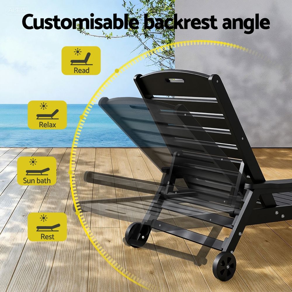Set of 2 Outdoor HDPE Sun Lounges with Wheels – Black