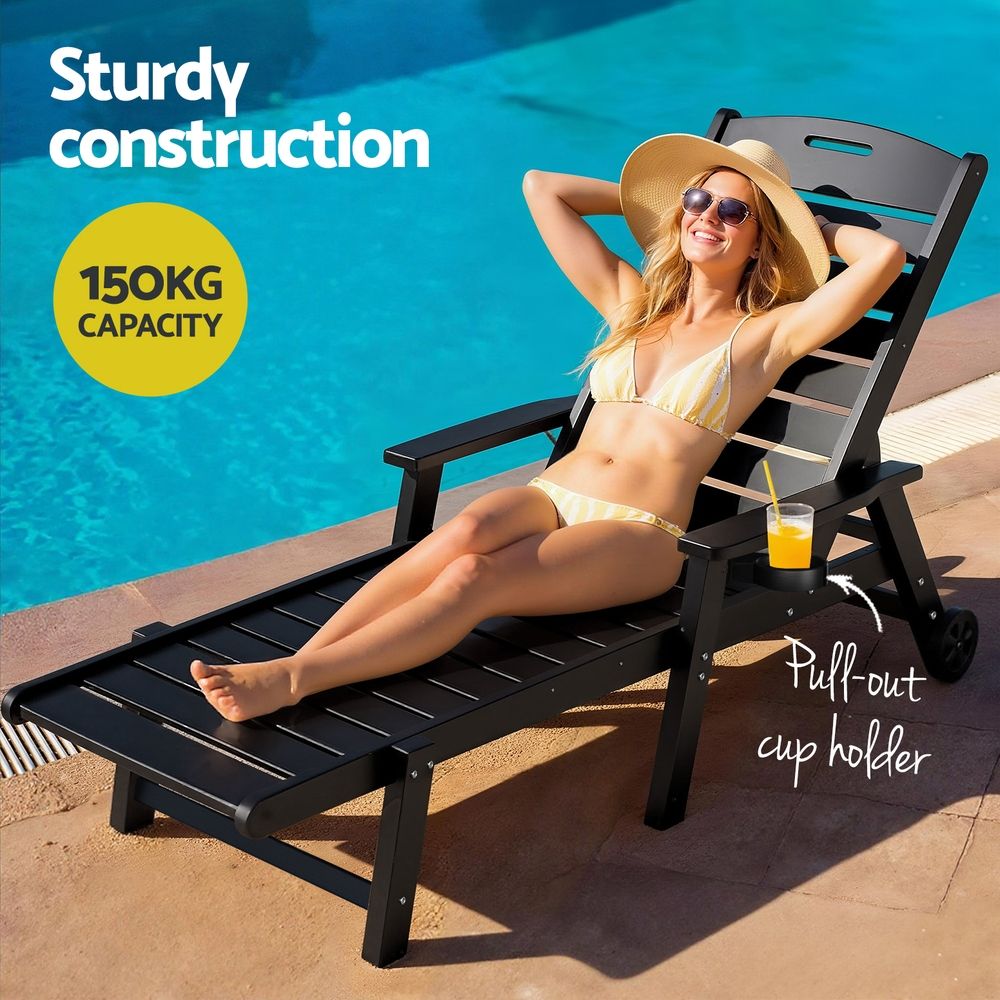 Set of 2 Outdoor HDPE Sun Lounges with Wheels – Black