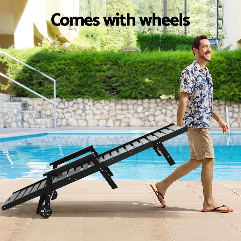 Set of 2 Outdoor HDPE Sun Lounges with Wheels – Black
