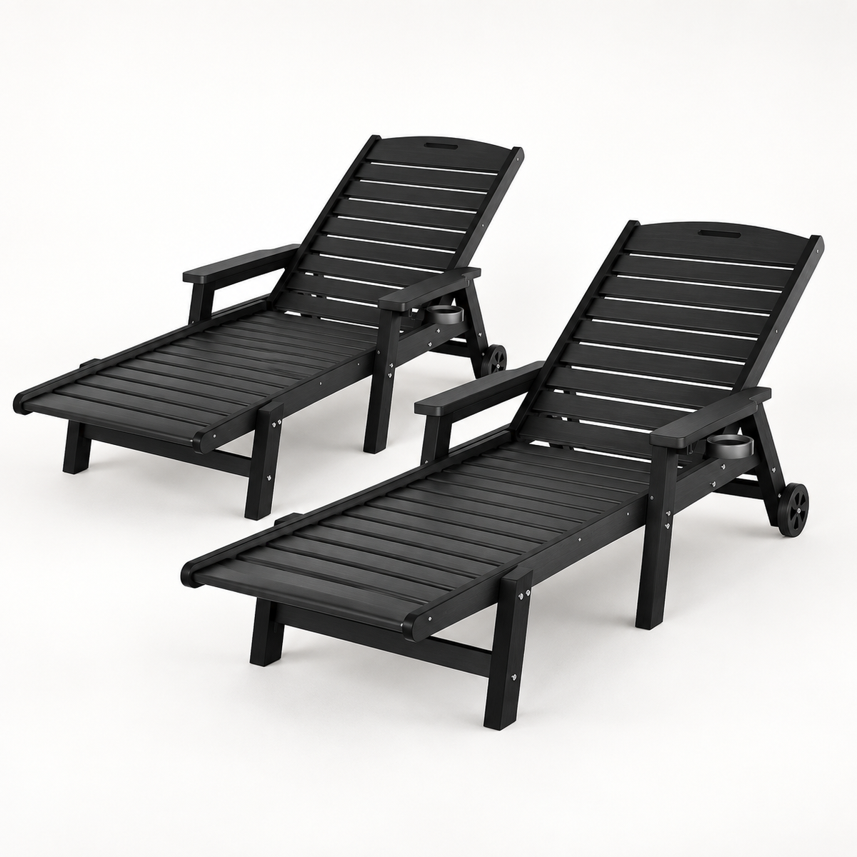 Set of 2 Outdoor HDPE Sun Lounges with Wheels – Black