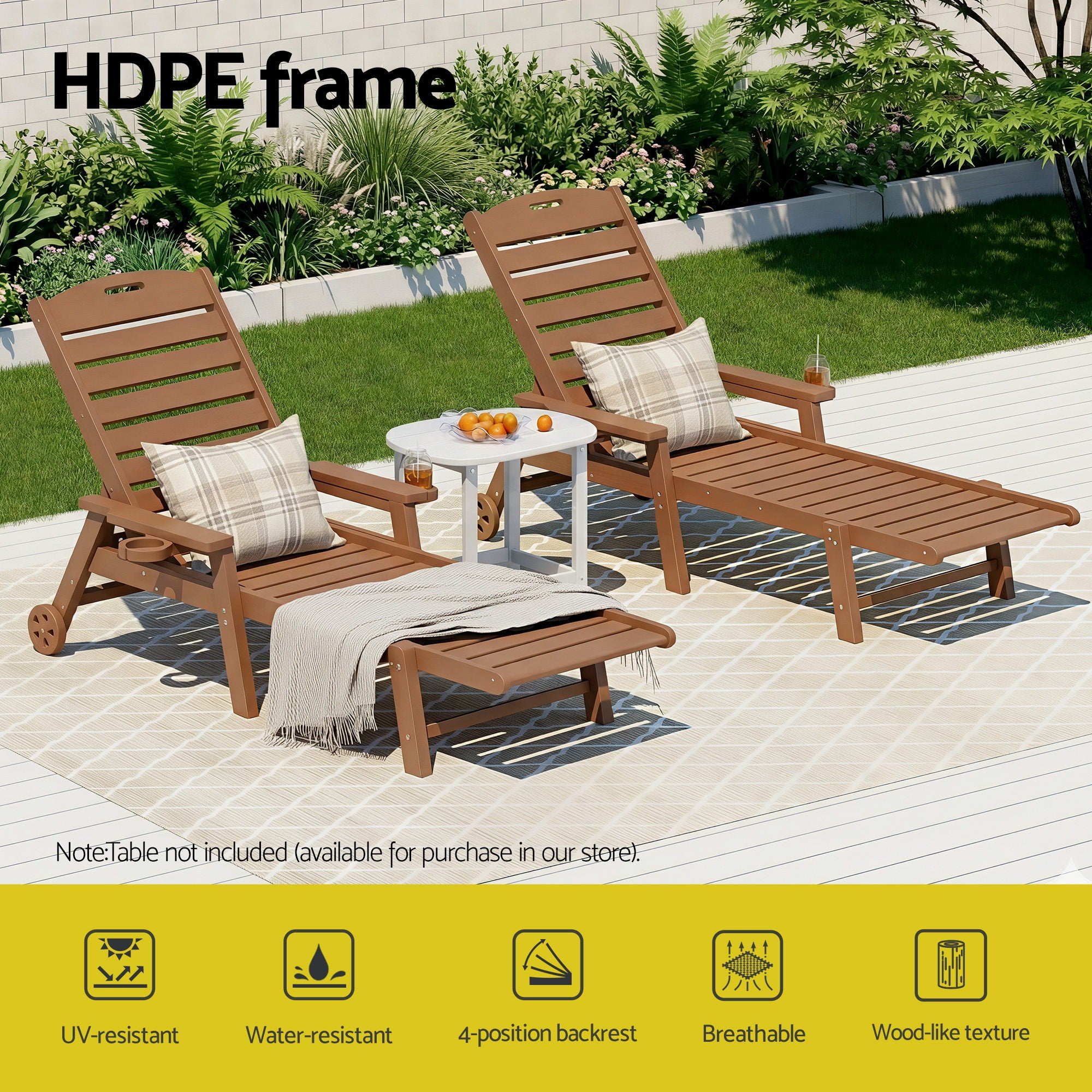 Gardeon Sun Lounge Lounger Beach Chair HDPE Patio Outdoor Furniture with Wheels Brown - Homecoze