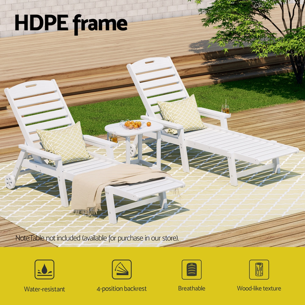 Gardeon Sun Lounge Lounger Beach Chair HDPE Patio Outdoor Furniture with Wheels White - Homecoze