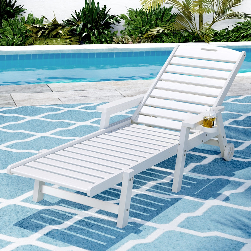 Gardeon Sun Lounge Lounger Beach Chair HDPE Patio Outdoor Furniture with Wheels White - Homecoze