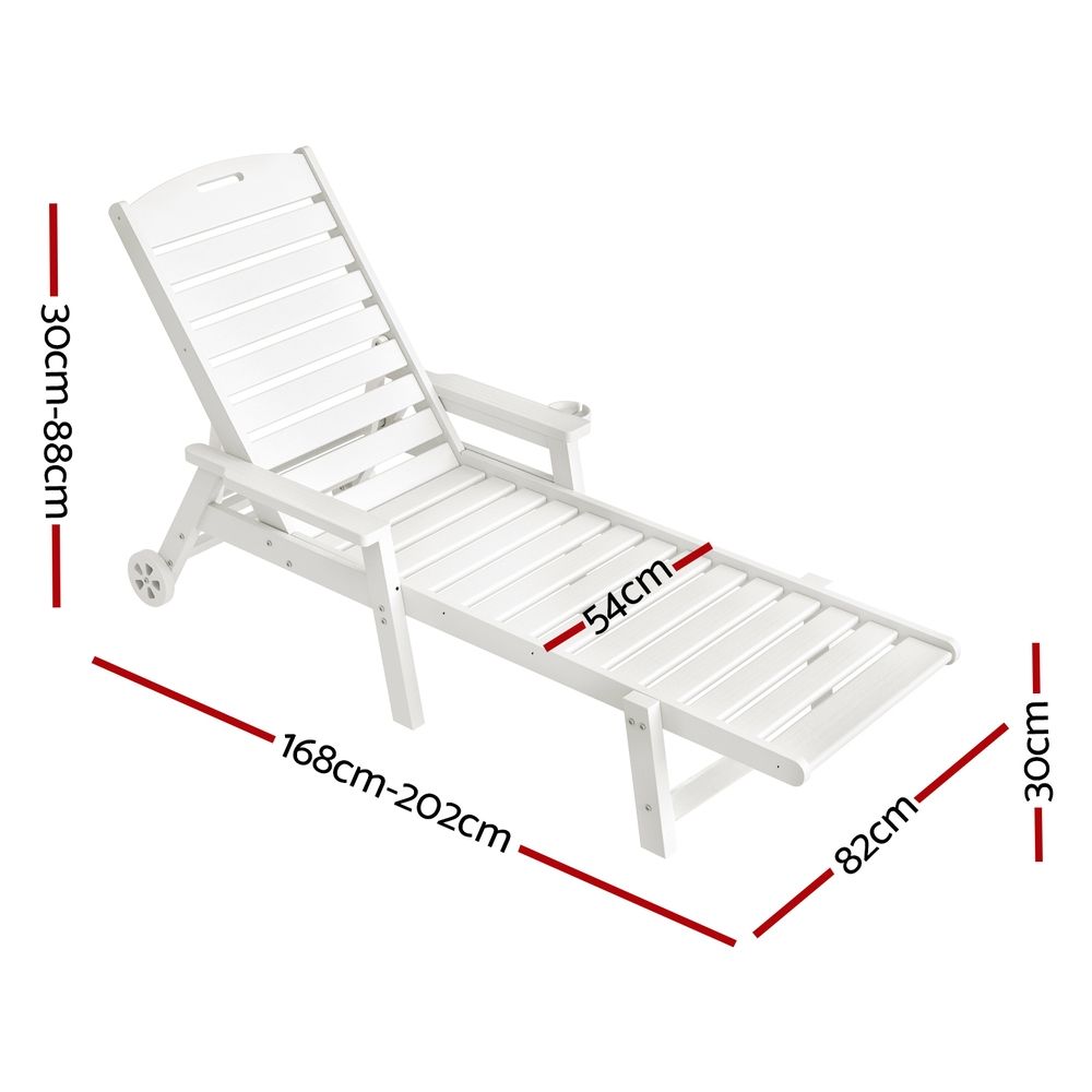 Set of 2 Outdoor HDPE Sun Lounges with Wheels – White