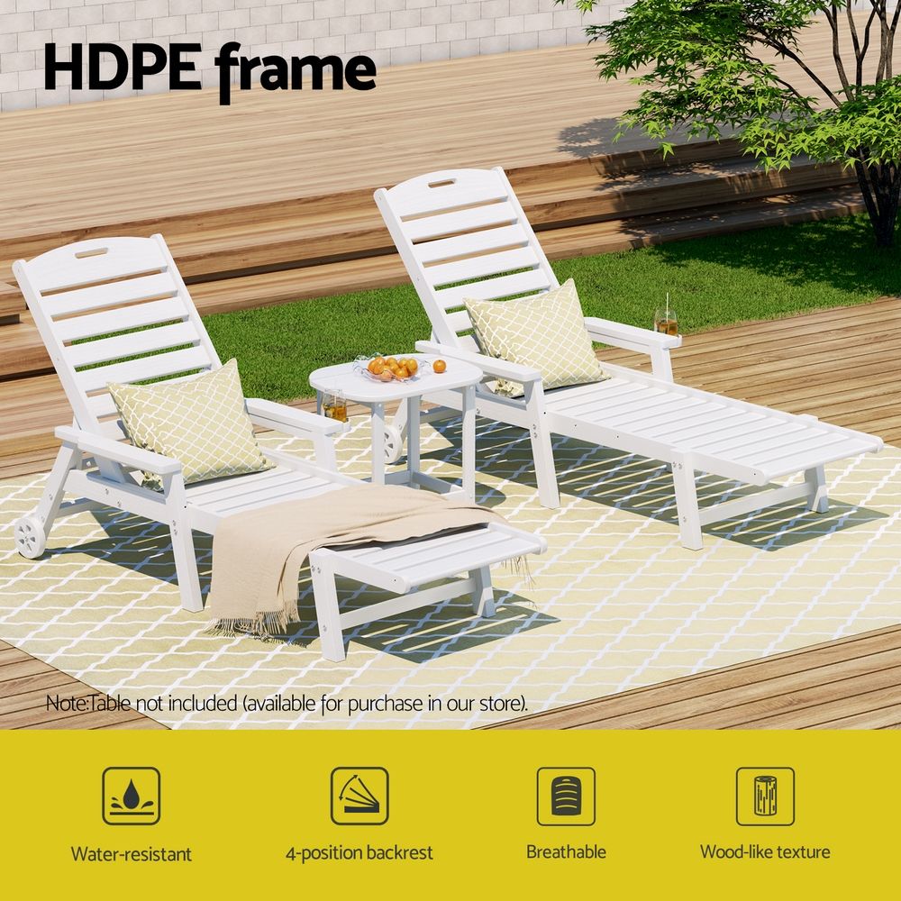 Set of 2 Outdoor HDPE Sun Lounges with Wheels – White