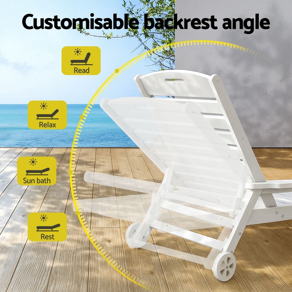 Set of 2 Outdoor HDPE Sun Lounges with Wheels – White