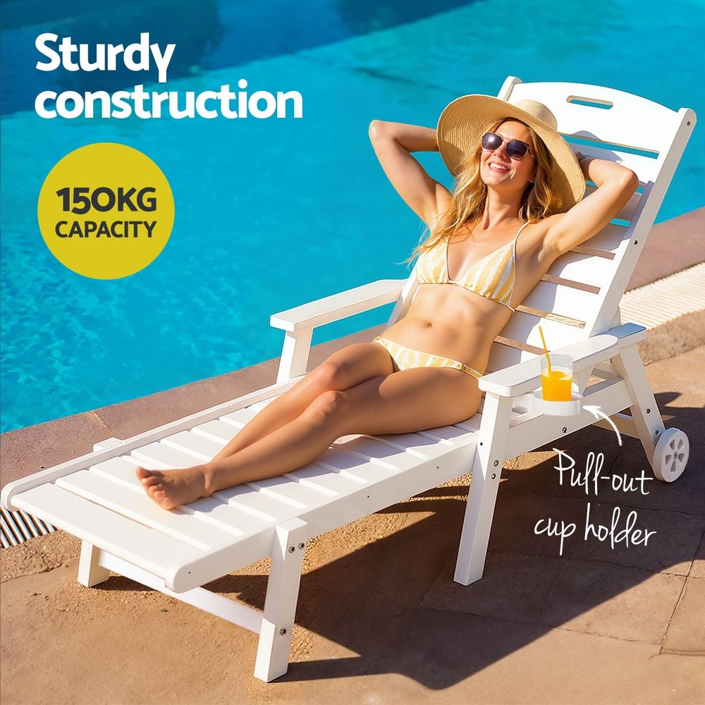 Set of 2 Outdoor HDPE Sun Lounges with Wheels – White