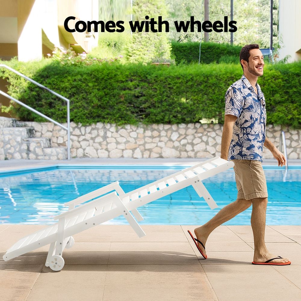 Set of 2 Outdoor HDPE Sun Lounges with Wheels – White