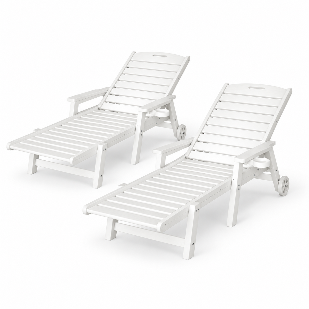 Set of 2 Outdoor HDPE Sun Lounges with Wheels – White