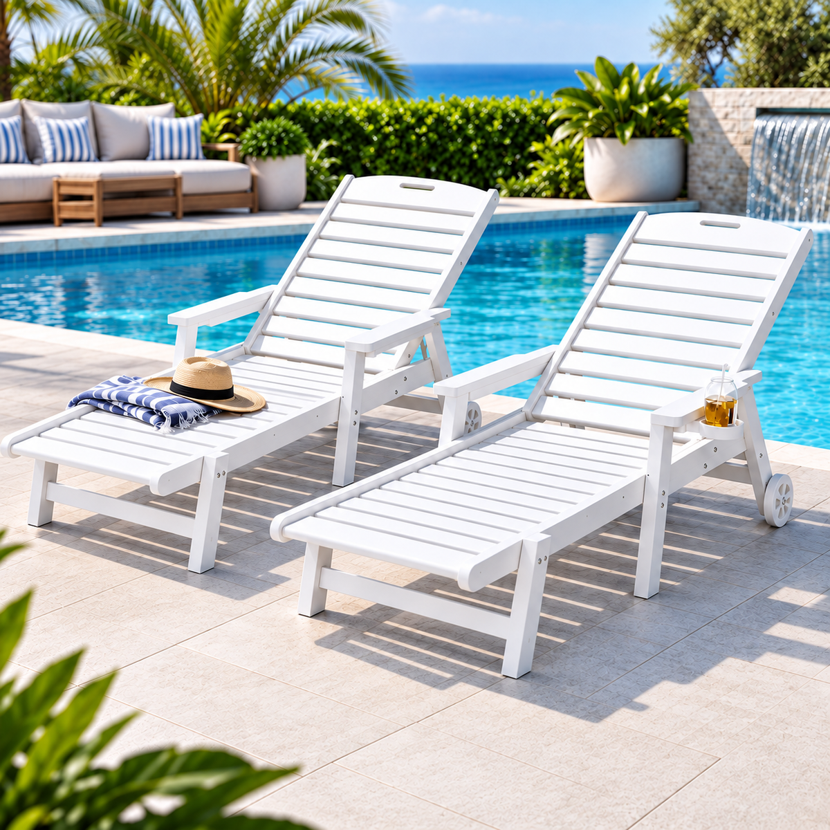Set of 2 Outdoor HDPE Sun Lounges with Wheels – White