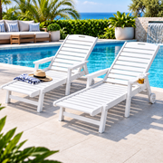 Set of 2 Outdoor HDPE Sun Lounges with Wheels – White