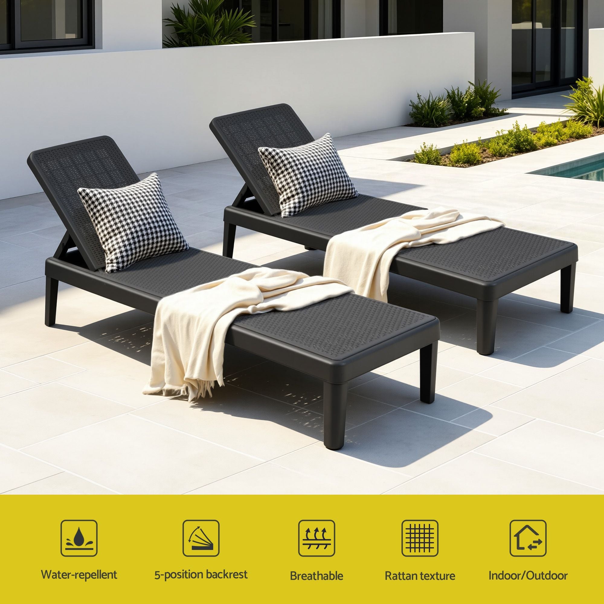5-Position Plastic Rattan Outdoor Sun Lounge – Black