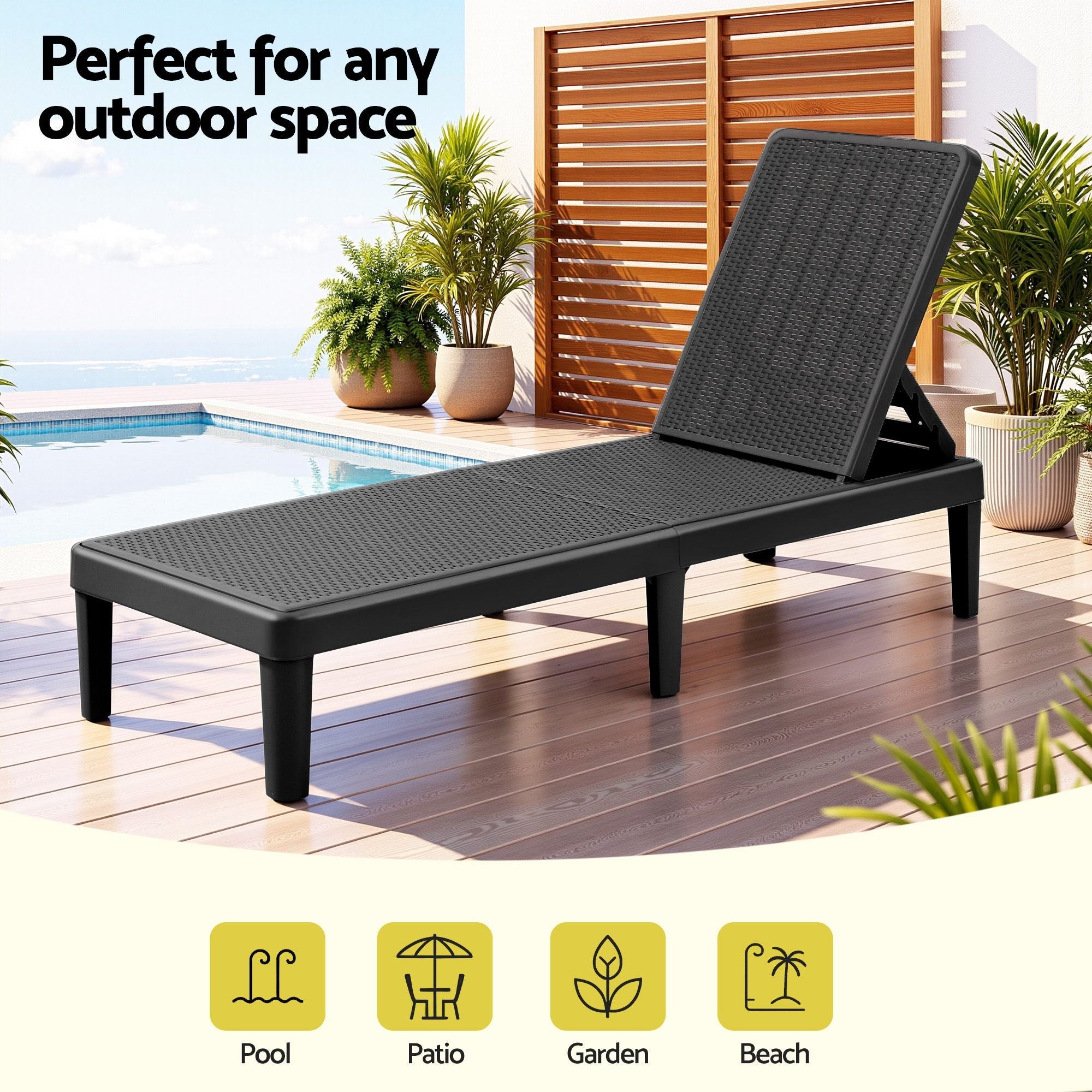 5-Position Plastic Rattan Outdoor Sun Lounge – Black