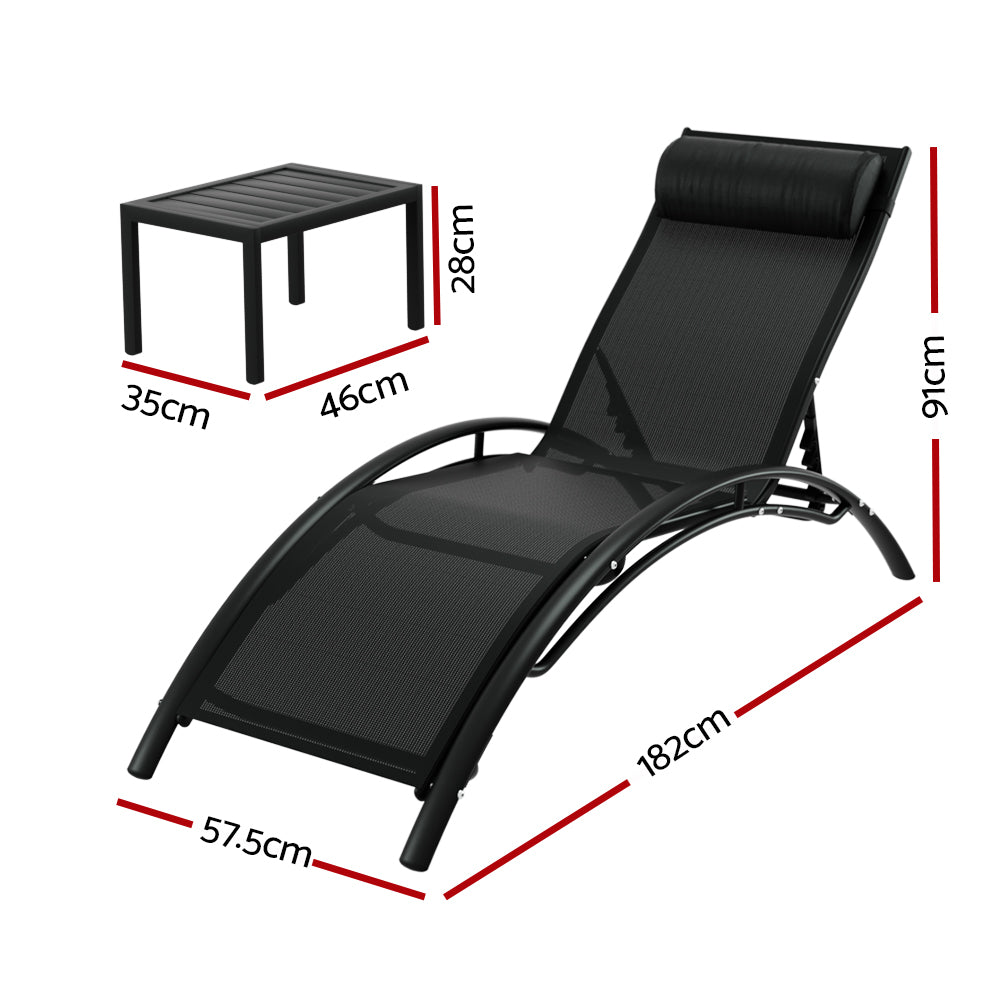 3PC Sun Lounge & Side Table Set - Black - Homecoze