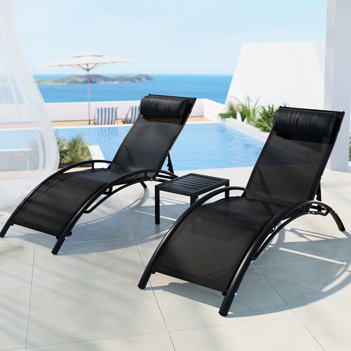 3PC Sun Lounge & Side Table Set - Black