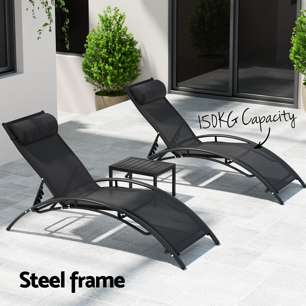 3PC Sun Lounge & Side Table Set - Black