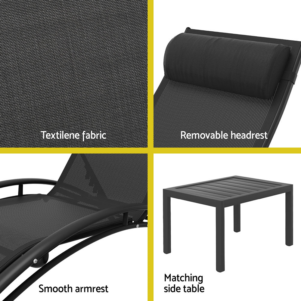 3PC Sun Lounge & Side Table Set - Black