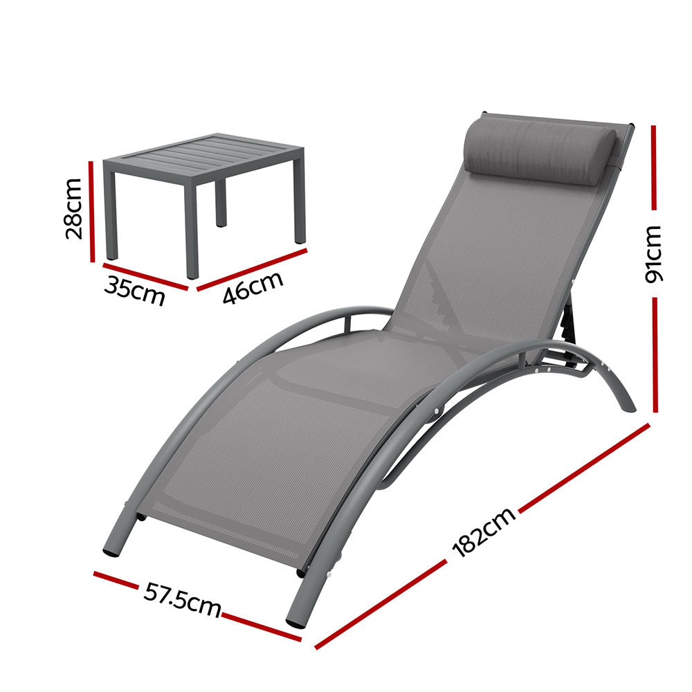 3PC Textilene Sun Lounger & Side Table Set - Grey