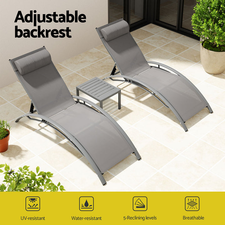 3PC Textilene Sun Lounger & Side Table Set - Grey