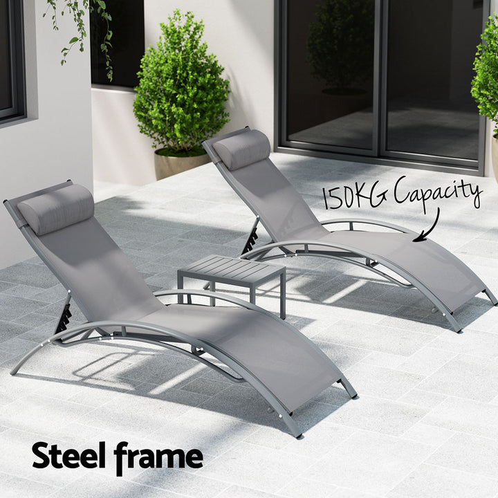 3PC Textilene Sun Lounger & Side Table Set - Grey