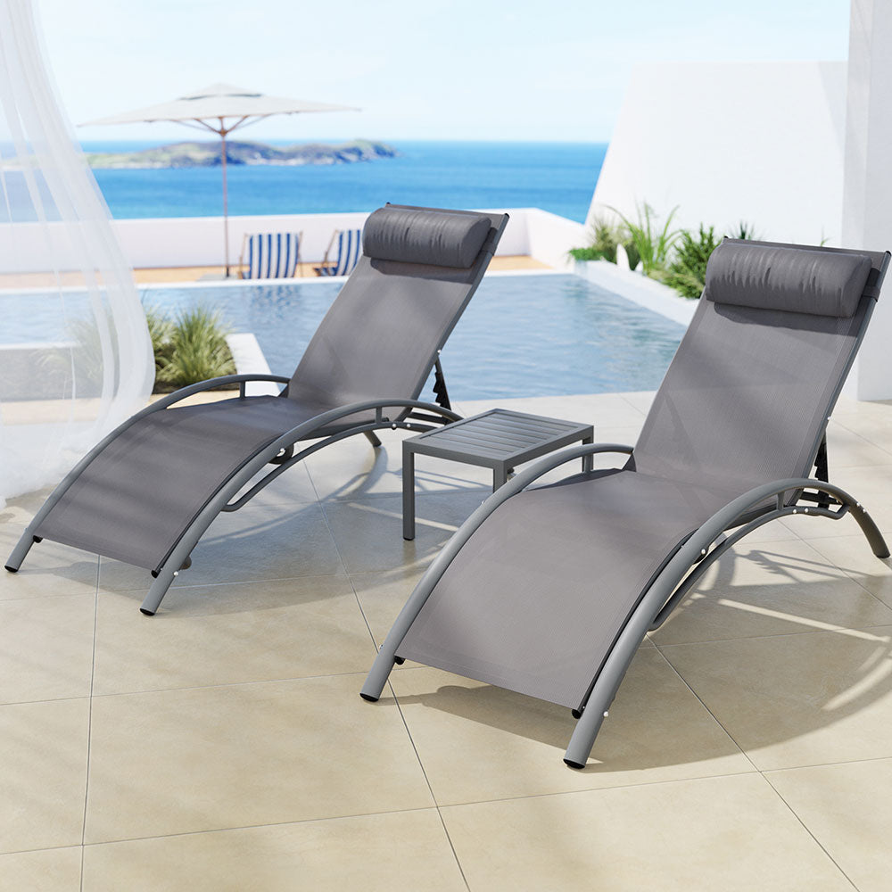 3PC Textilene Sun Lounger & Side Table Set - Grey