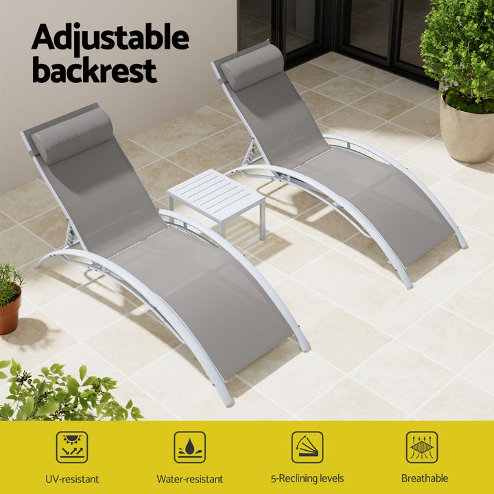 Gardeon 3PC Sun Lounge Outdoor Lounger Table Chairs Steel Patio Furniture Garden - Homecoze