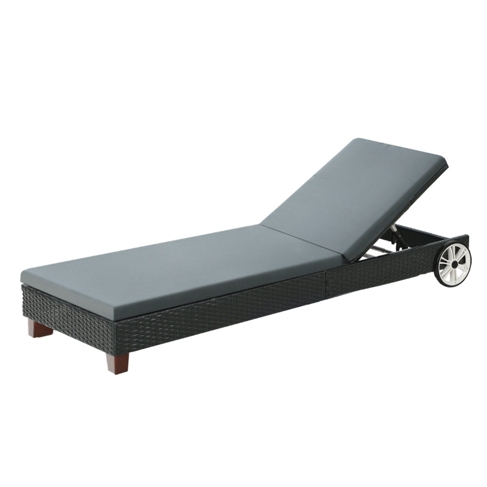 Cushioned Wicker Sun Lounge with Wheels - Black & Grey - Homecoze