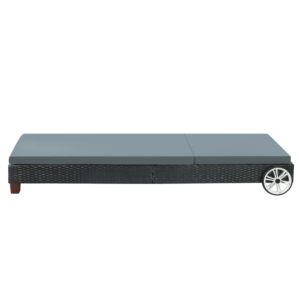 Cushioned Wicker Sun Lounge with Wheels - Black & Grey - Homecoze