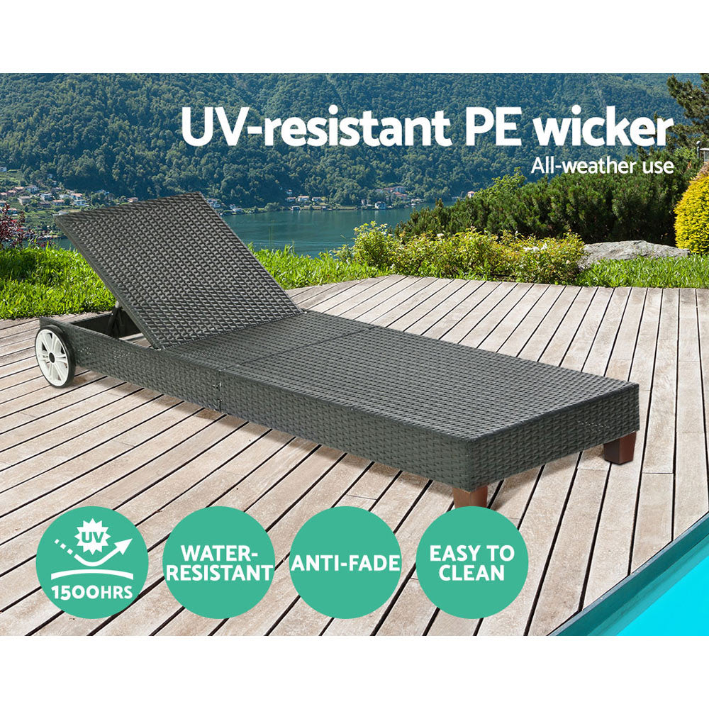 Cushioned Wicker Sun Lounge with Wheels - Black & Grey - Homecoze