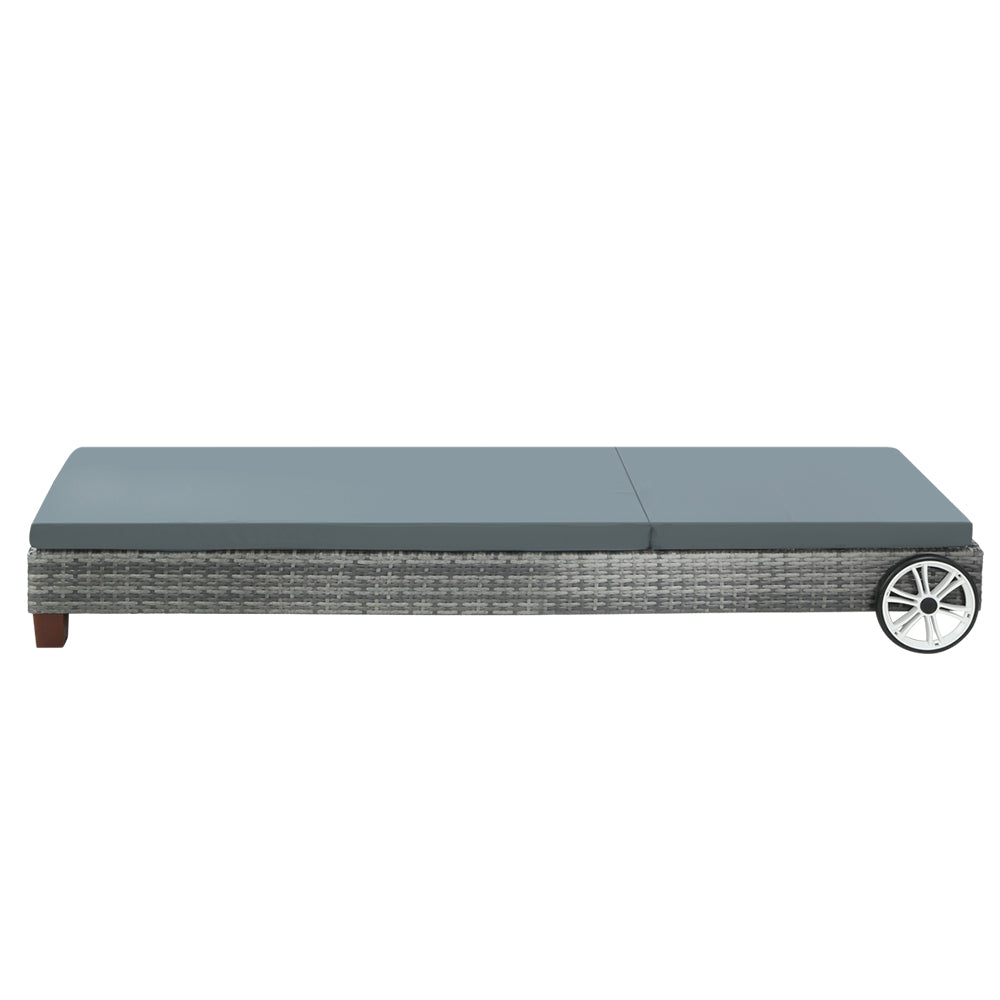 Cushioned Wicker Sun Lounge with Wheels - Grey - Homecoze