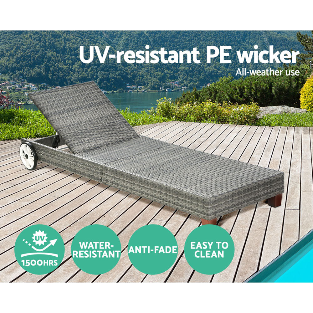 Cushioned Wicker Sun Lounge with Wheels - Grey - Homecoze