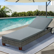 Cushioned Wicker Sun Lounge with Wheels - Grey - Homecoze