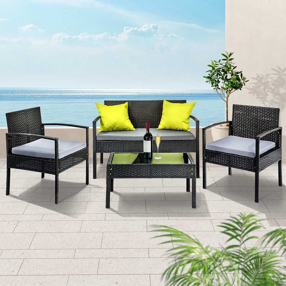 4PC Wicker Outdoor Bistro Set - Black