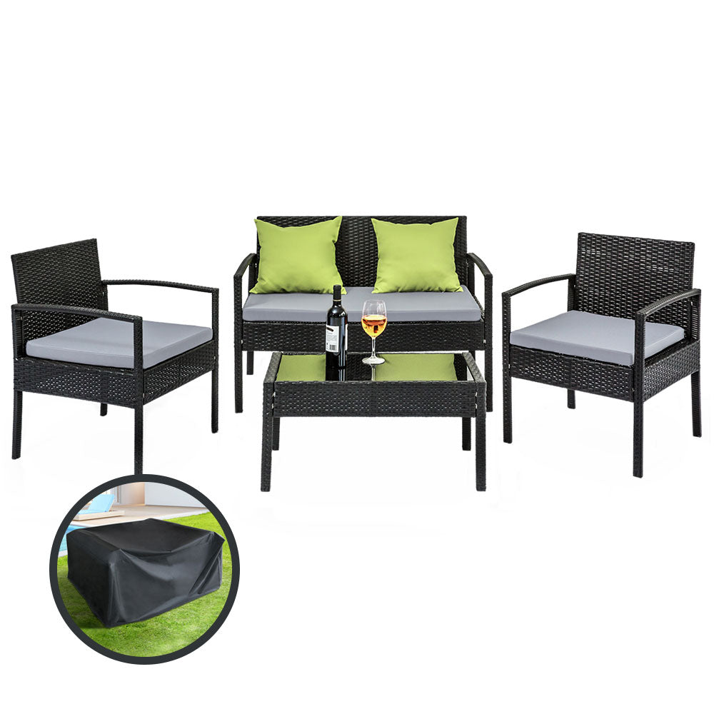 4PC Wicker Outdoor Bistro Set with Storage Cover - Black - Homecoze