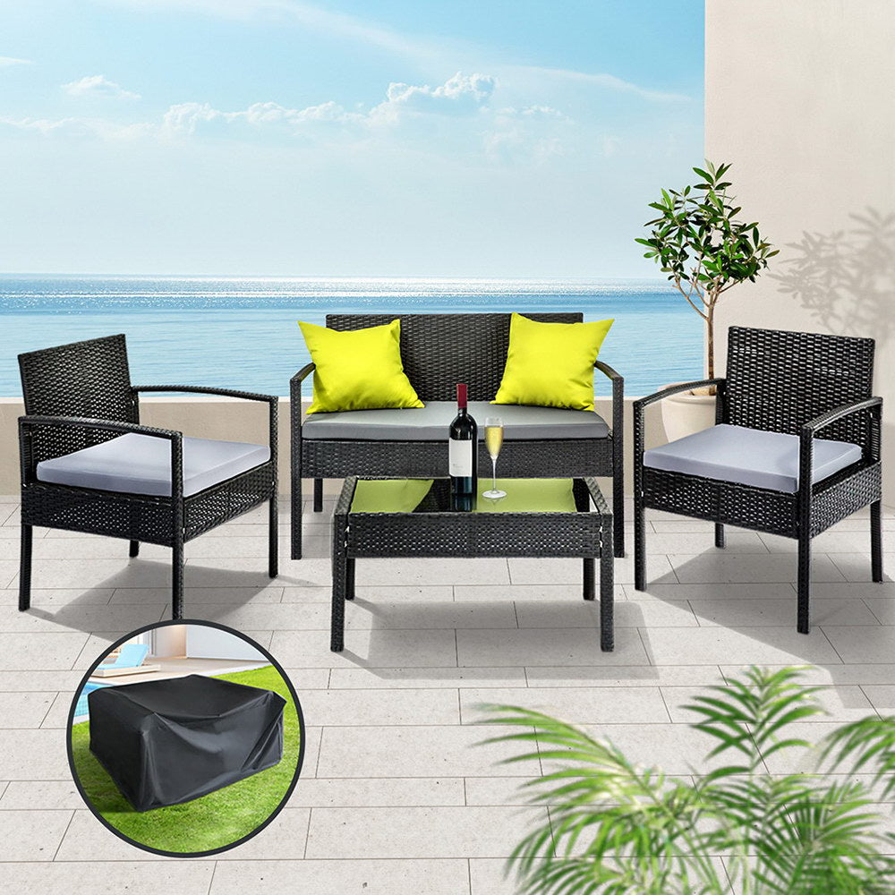 4PC Wicker Outdoor Bistro Set with Storage Cover - Black - Homecoze