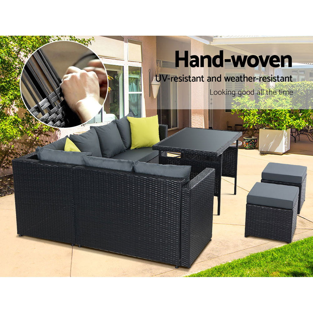 Rattan Outdoor Sofa Dining Set - Black - Homecoze