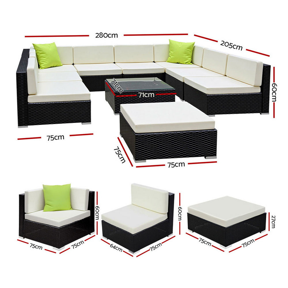 10PC Rattan Outdoor Sofa Set - Black - Homecoze