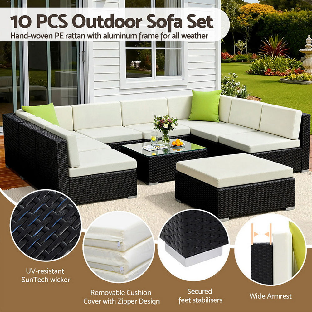 10PC Rattan Outdoor Sofa Set - Black - Homecoze