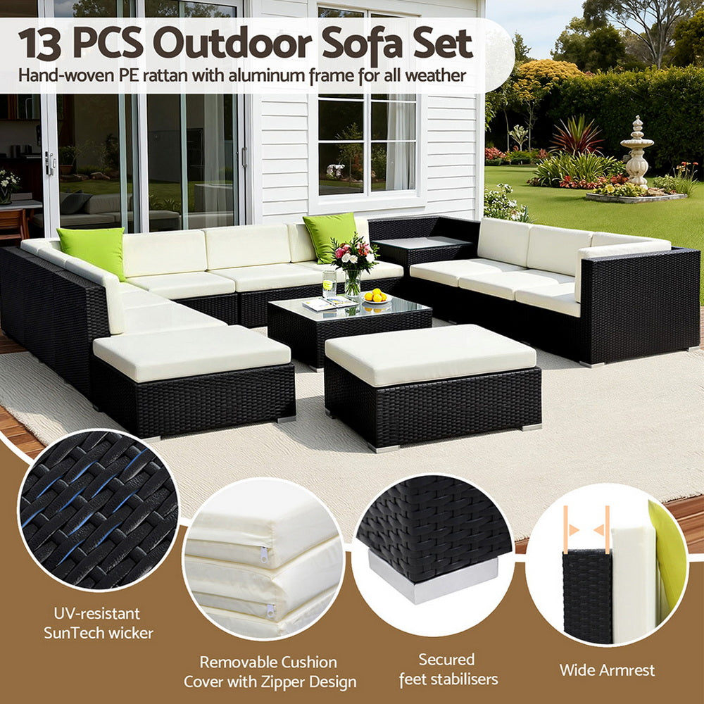 13PC Rattan Outdoor Sofa Set - Black - Homecoze