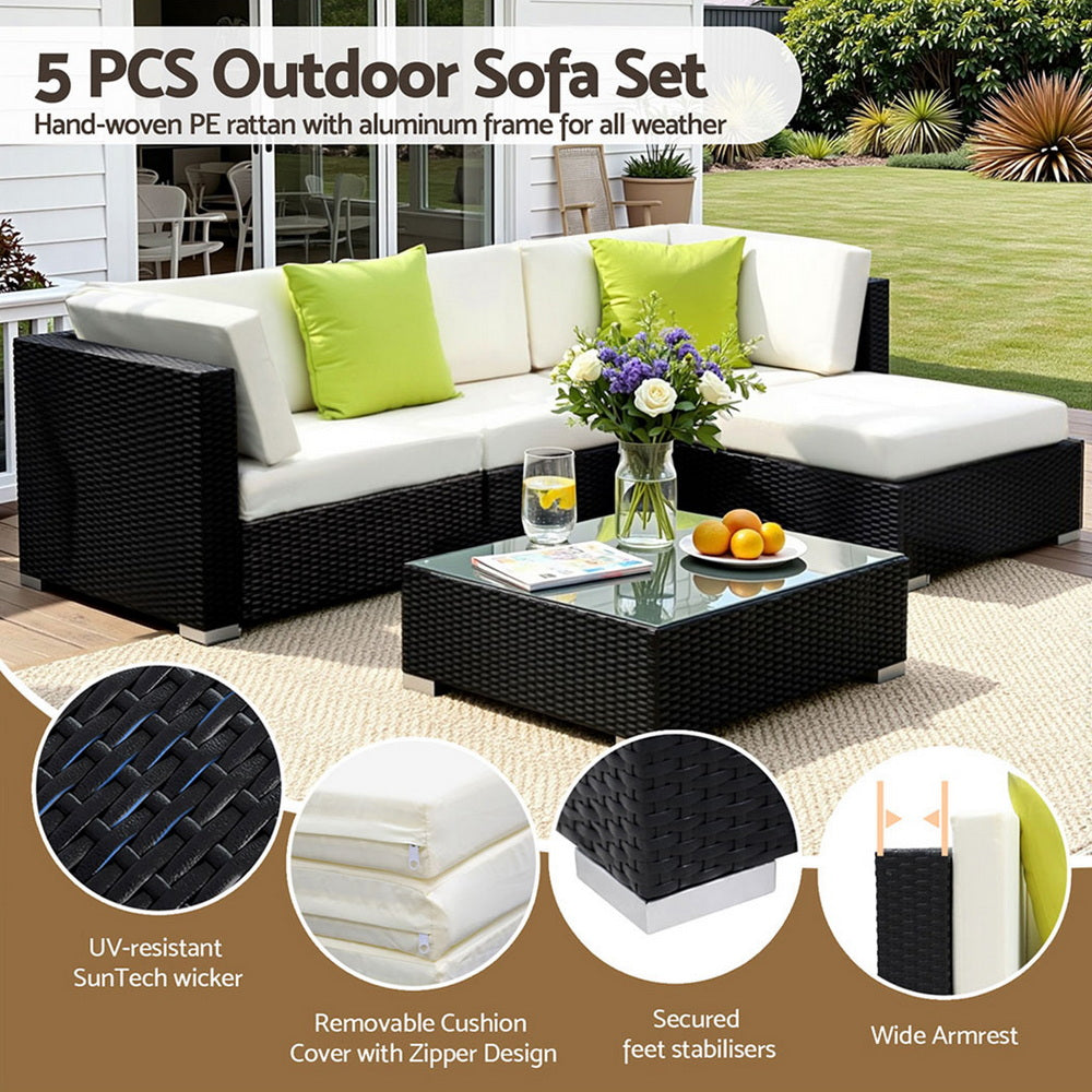 5PC Rattan Outdoor Sofa Set with Storage Cover - Black - Homecoze