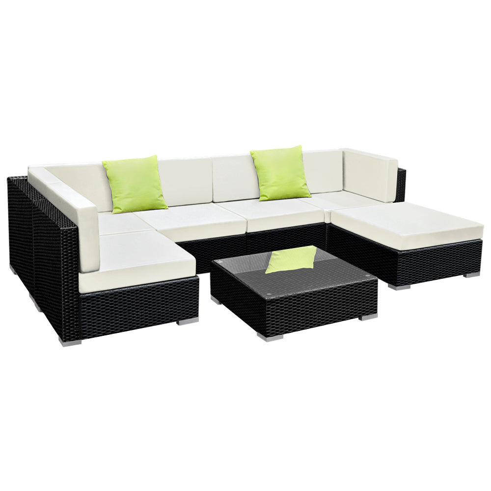 7 PC Wicker Outdoor Sofa Set with Cover - Black & Beige